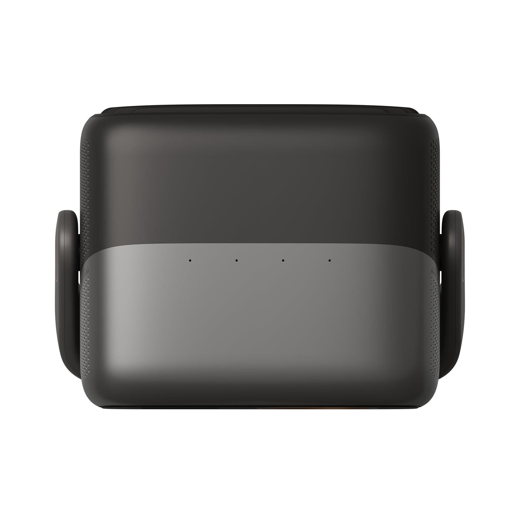 A dark gray and black rectangular electronic device with circular side components, shown from a front-facing perspective on a solid white background.