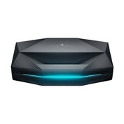 A sleek, dark gray angular electronic device with a glowing cyan light strip along the front, shown on a plain white background.